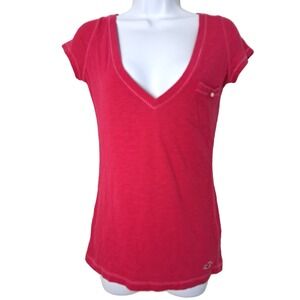 Y2K Hollister‎ T Shirt Pink Size Small Deep V Neck Cap Sleeve Grunge Retro Girly